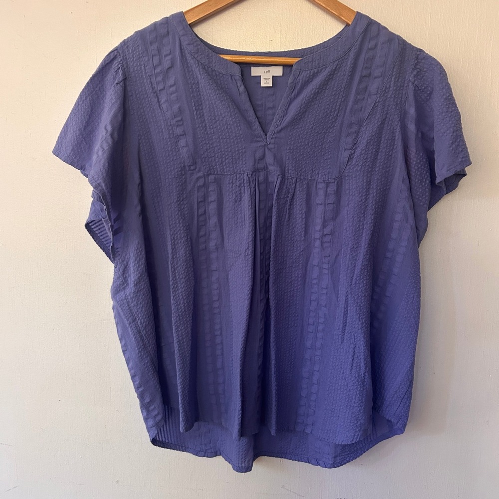 J. Jill Peasant Blouse Womens XL Blue Dobby Stripe Flutter Sleeve Coastal